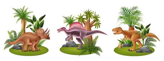 Vetor grátis composições realistas de dinossauros definidas com triceratops tiranossauro e espinossauro e plantas tropicais isoladas ilustração vetorial