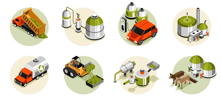 Vetor grátis composições redondas isométricas de biogás representando biomassa bruta e subprodutos de gado como fontes de ilustração vetorial isolada de biocombustível