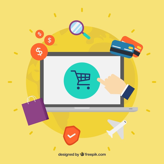 Compras com laptop em design plano