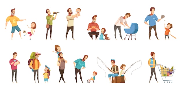Compras de paternidade de criação de crianças jogando andando pesca com ícones de desenhos animados retrô de crianças 2 banners definir ilustração vetorial isolado