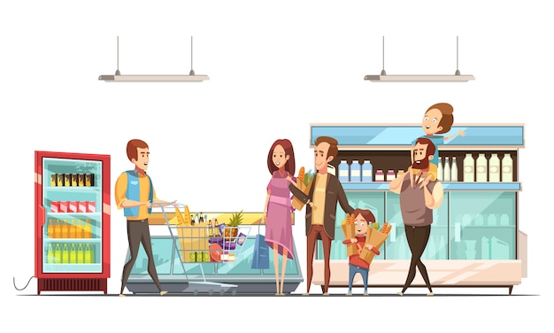Compras domésticas de trabalho doméstico de paternidade para a família com crianças em ilustração em vetor supermercado retrô dos desenhos animados