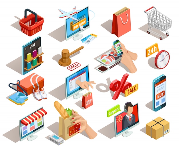 Compras e-commerce isometric icons set