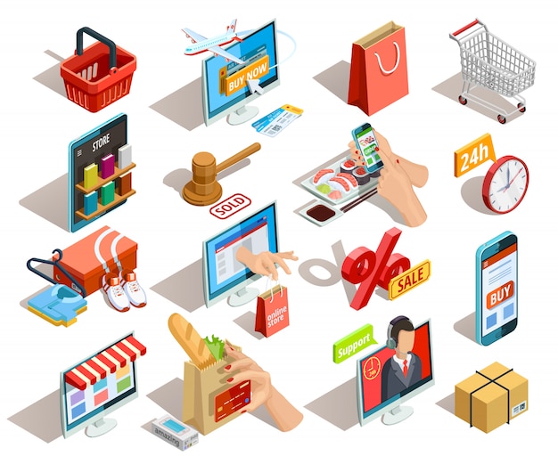 Vetor grátis compras e-commerce isometric icons set