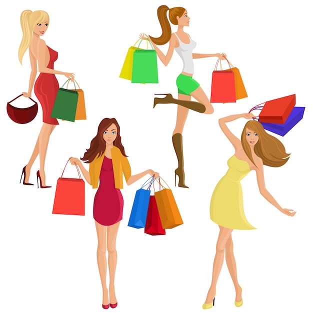 Compras menina jovem feminina figuras femininas com venda saco de moda isolado ilustração vetorial