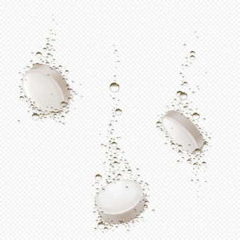 Comprimidos solúveis efervescentes se dissolvem na água maquete realista vetorial de comprimidos efervescentes redondos brancos dissolvendo medicamentos com bolhas isoladas em fundo transparente