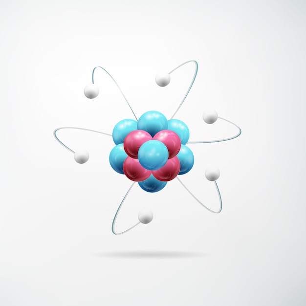 Conceito abstrato realista científico com modelo colorido de átomo na luz isolada