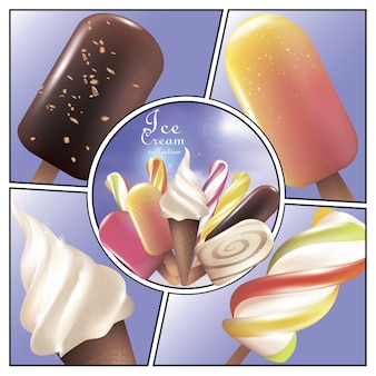 Conceito brilhante de sorvete colorido com picolé cremoso e sorvetes de frutas em estilo realista