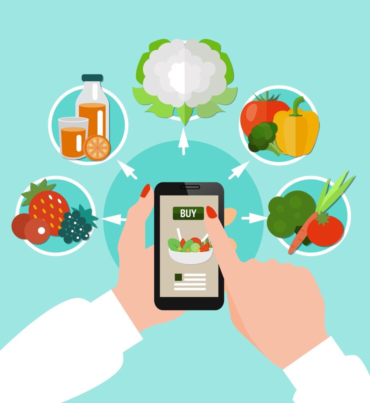 Vetor grátis conceito colorido de alimentação saudável com conjunto de ícones redondos combinado ao redor do smartphone em mãos femininas