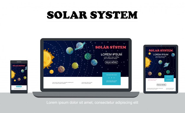 Conceito colorido de sistema solar plano com estrelas de planetas solares adaptáveis para resolução de tela de tablet laptop móvel isolada