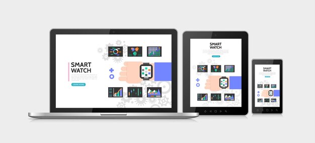 Conceito colorido de smartwatch plano com smartwatch moderno em gráficos de mão gráficos diagramas adaptativos