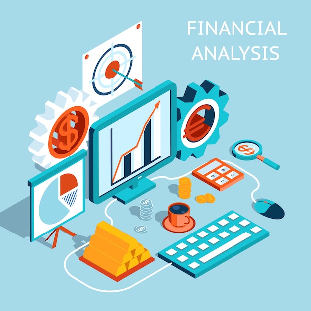 Vetor grátis conceito de análise financeira colorido tridimensional sobre fundo azul claro.
