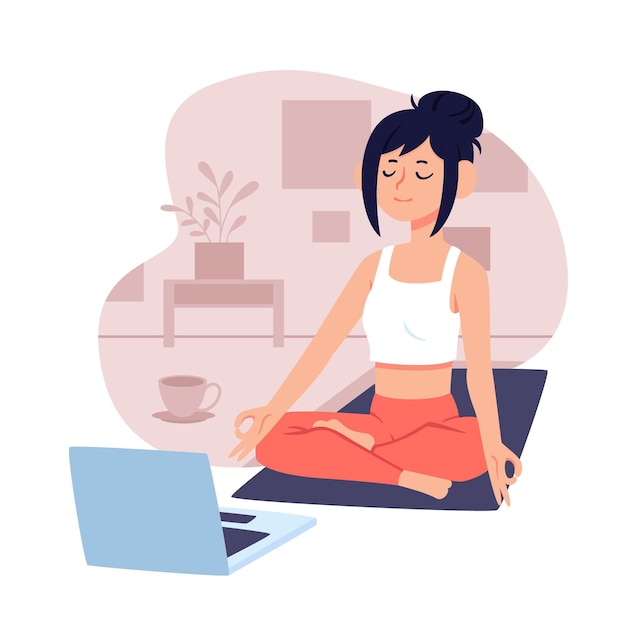 Conceito de aula de ioga on-line com laptop e mulher