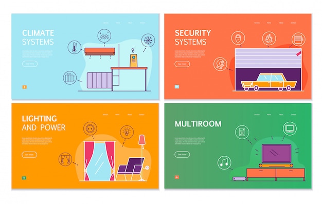 Conceito de banners plana casa inteligente 4 com internet da coisa controlada sistemas de segurança climática de iluminação