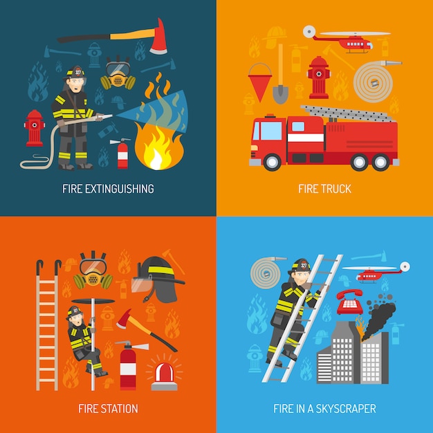 Vetor grátis conceito de bombeiro 4 plana ícones quadrados