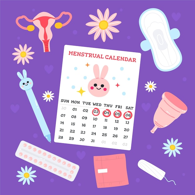 Conceito de calendário menstrual com itens