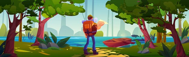 Conceito de caminhada na floresta Paisagem da natureza com turista com mochila e mapa na margem do rio na floresta de verão Caminhante do homem viaja pela ilustração dos desenhos animados do vetor da floresta