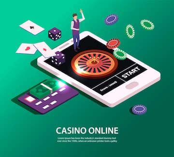 Casino online, jogos de azar online, ilustração isométrica de aplicativos  de jogos