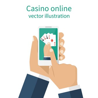 Conceito de cassino online. jogador de homem segurando um telefone na mão jogando cartas online. tecnologias modernas. jogo de cartas de pôquer.