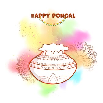 Conceito de celebração pongal feliz com lama de estilo de etiqueta cheia de prato tradicional, padrão de mandala no fundo de explosão de cor de borrão.