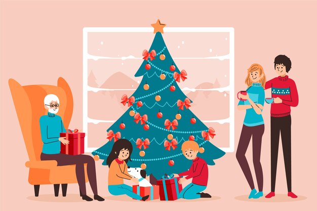 Conceito de cena familiar de Natal na mão desenhada
