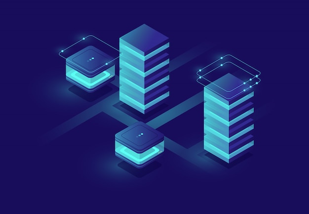 Conceito de cidade urbana inteligente com sala de servidor e ícones de banco de dados, data center e banco de dados