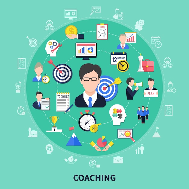 Conceito de coaching e treinamento com ilustração plana de símbolos de brainstorming e progresso