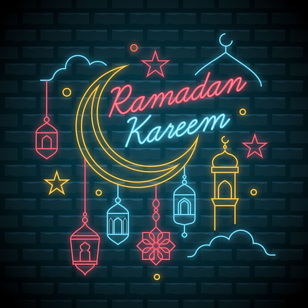 Conceito de coleção de sinal de néon do ramadã