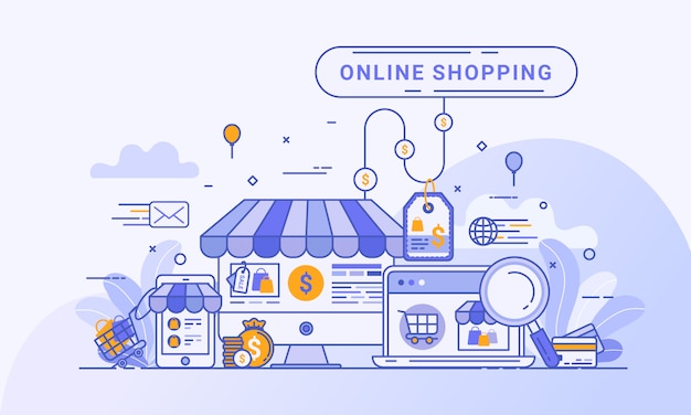 Vetor grátis conceito de compra on-line para página inicial da web, marketing digital no site e aplicativo móvel.