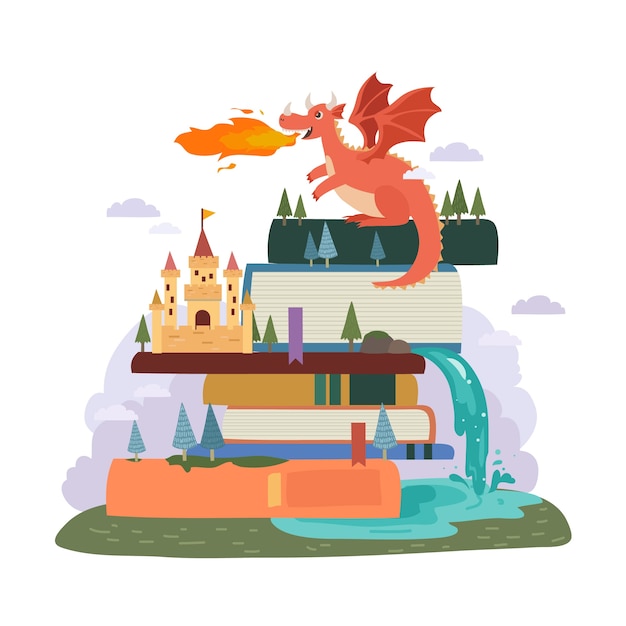 Conceito de conto de fadas com dragão e castelo
