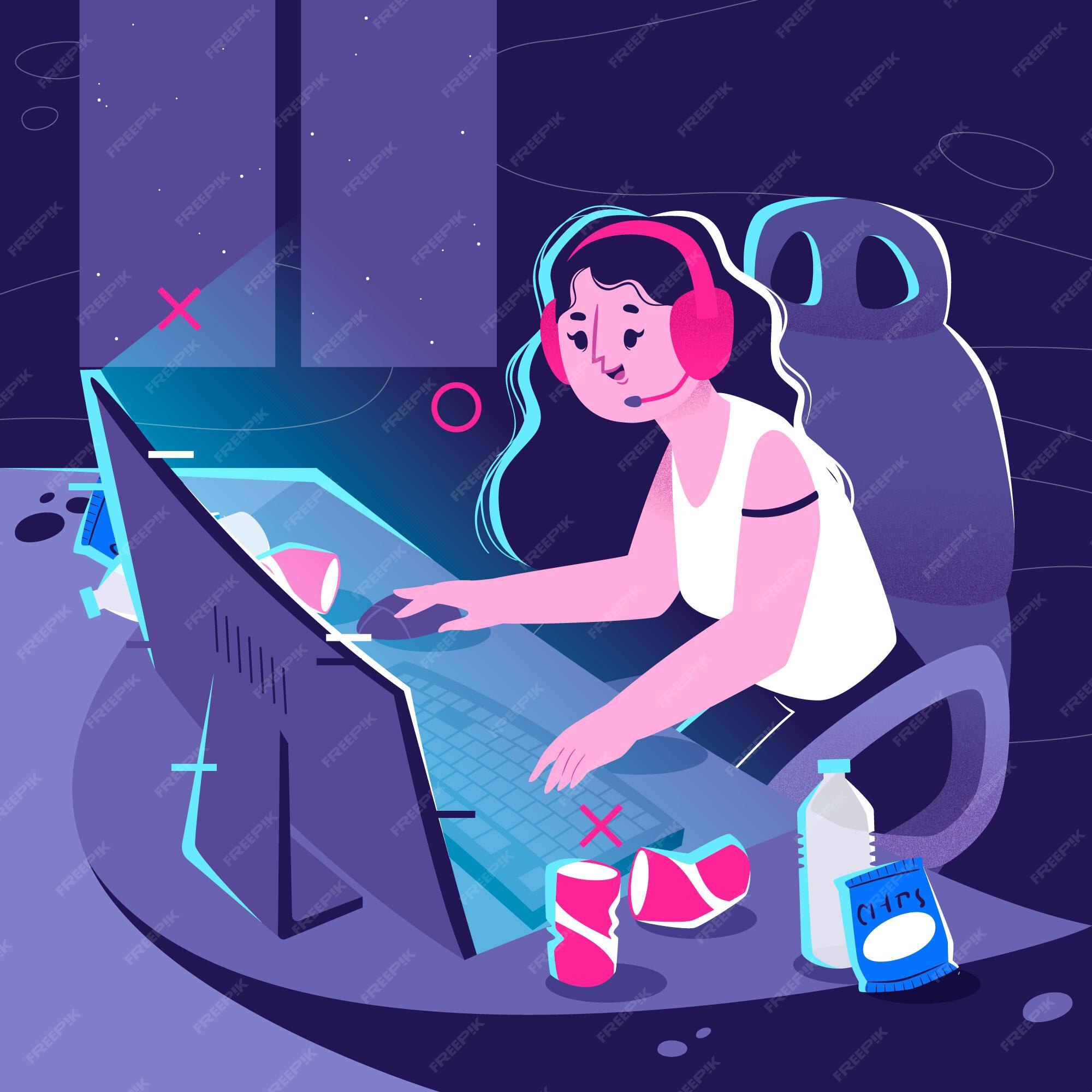 Streamer de videogame. uma garota gamer joga um jogo de dinossauro online  no laptop em casa em uma mesa. streaming online. ilustração vetorial