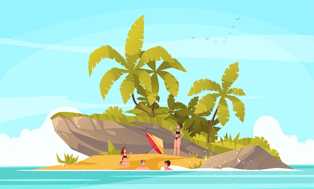 Conceito de desenho animado de ilha tropical com pessoas na ilustração vetorial de praia solitária