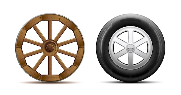 Vetor grátis conceito de design comparativo de evolução de roda com roda de carrinho de madeira e roda de carro moderno com ilustração vetorial realista de pneu de borracha