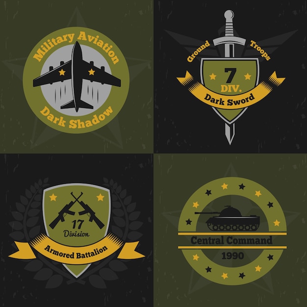 Conceito de design de cores de emblemas militares com emblemas planos coloridos de insígnias de serviço de guerra com armas