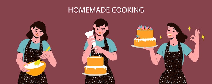 Vetor grátis conceito de design de cozinha caseira com mulheres felizes fazendo bolos isolados na ilustração vetorial plana de fundo colorido