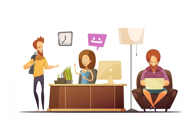 Conceito de design de desenhos animados de recepção de Hostel com administrador falando