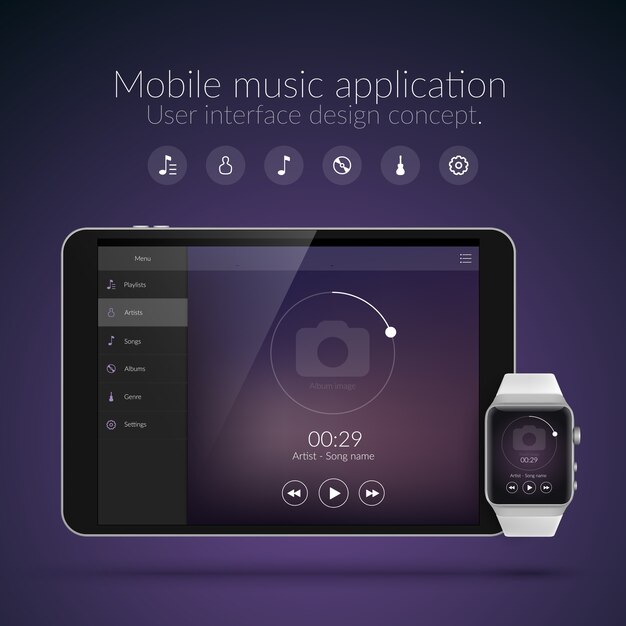 Conceito de design de interface de usuário com elementos da web de aplicativo de música para relógio e tablet ilustração vetorial isolada