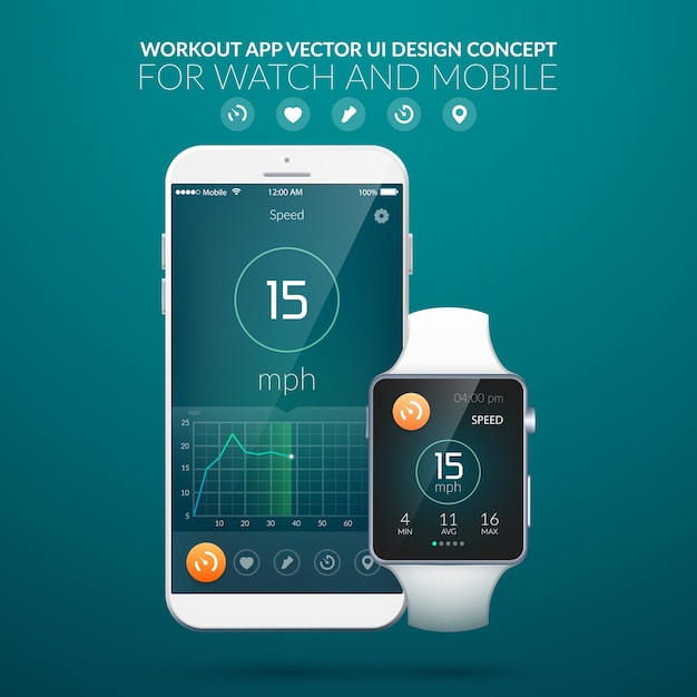Conceito de design de interface de usuário com elementos da web de aplicativo de treino para ilustração de dispositivos móveis e de relógio