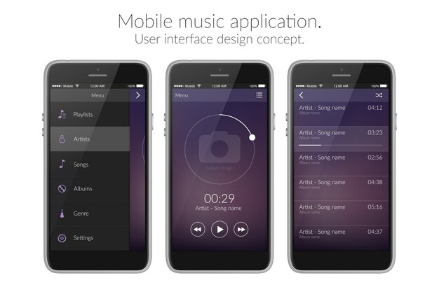 Conceito de design de interface de usuário de aplicativo de música móvel na ilustração plana branca