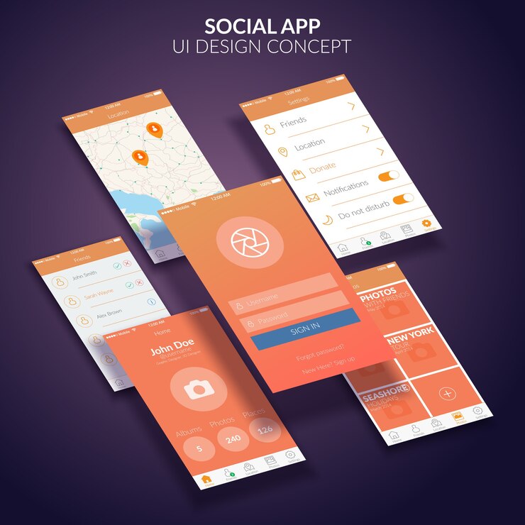 Vetor grátis conceito de design de interface do usuário do aplicativo social móvel plano