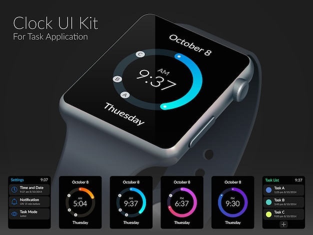 Conceito de design de kit de interface do usuário de relógio móvel para ilustração plana de aplicação de tarefa