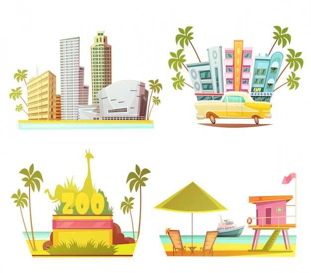 Conceito de design de miami 2 x 2 com arranha-céus cidade zoológico salva-vidas cabine