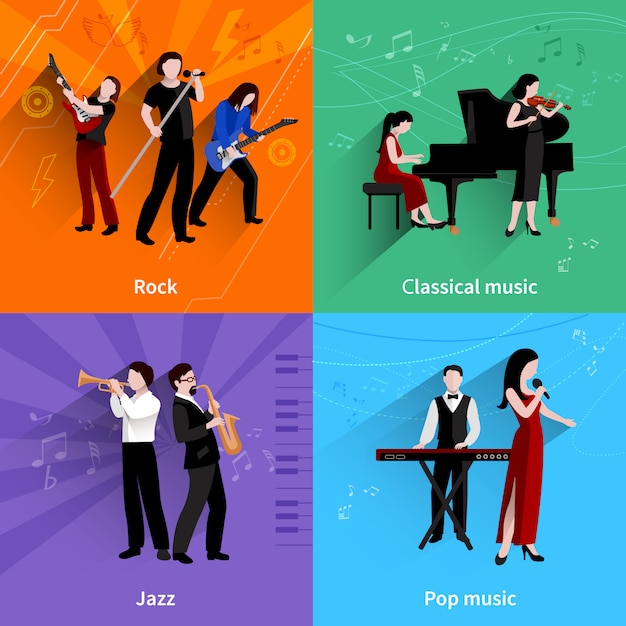 Conceito de design de músicos conjunto com ícones plana de pop rock jazz música clássica