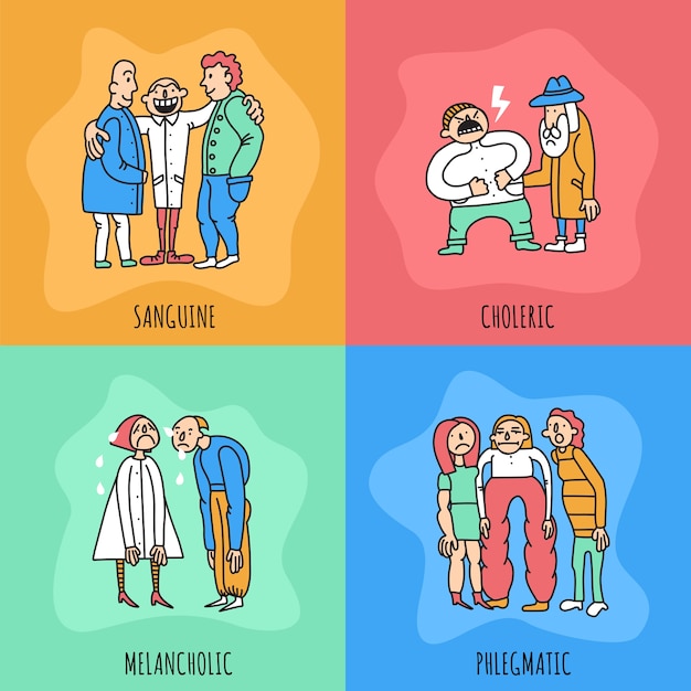 Vetor grátis conceito de design de tipos de temperamento, incluindo pessoas com comportamentos diferentes durante a comunicação, isolados na ilustração de fundo colorido