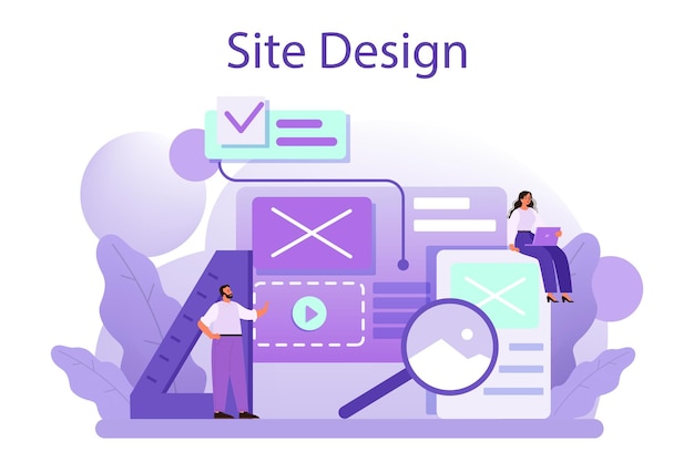 Conceito de design do site Apresentando conteúdo em páginas da web Composição do layout do site e desenvolvimento de cores Ideia de tecnologia de computador Ilustração em vetor plana