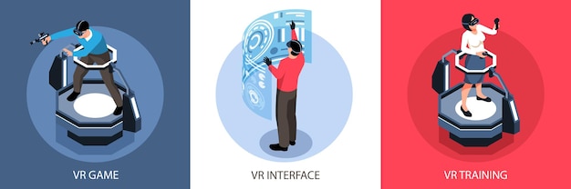 Conceito de design isométrico com interface de realidade virtual, jogando e treinando ilustração de pessoas