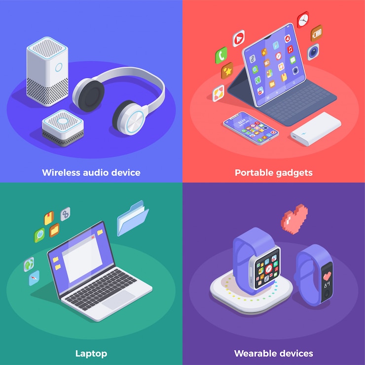 Vetor grátis conceito de design isométrico de dispositivos modernos com texto e imagens coloridas de relógios inteligentes e ilustração de computadores portáteis