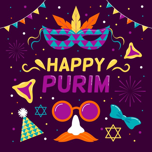 Conceito de design plano feliz dia de purim