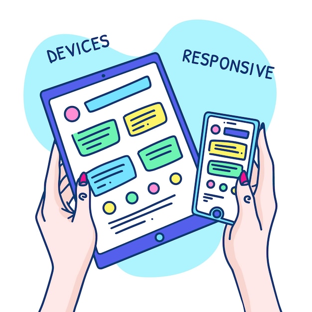 Conceito de design responsivo desenhado à mão com dispositivos e mãos de mulher