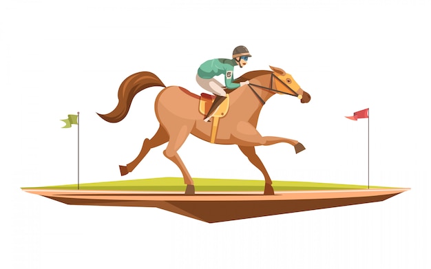 Vetor grátis conceito de design retro de equitação em estilo cartoon com jockey na ilustração em vetor plana cavalo a galope