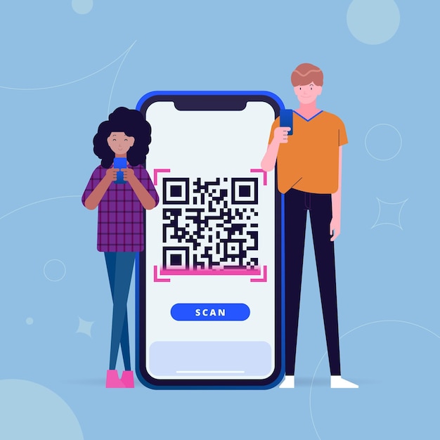 Conceito de digitalização de código qr com caracteres ilustrados